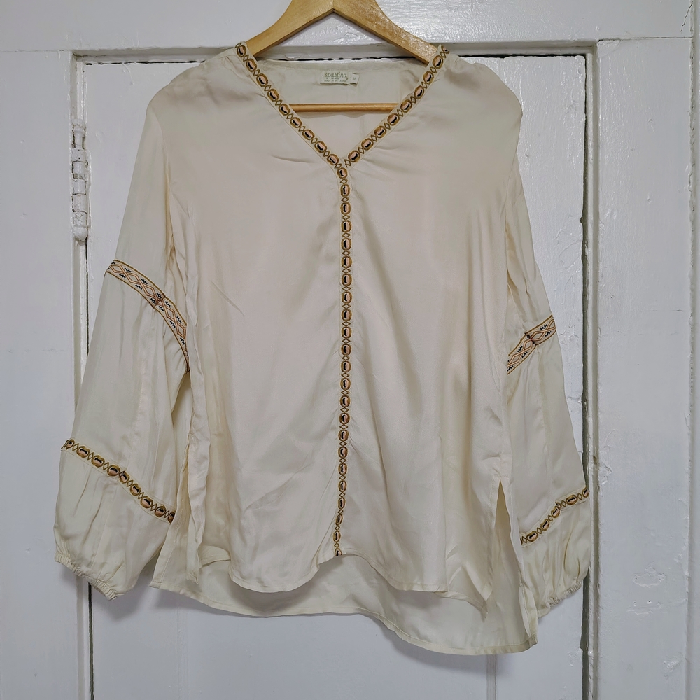 Spartina Embroidered Cupro Ivory V-Neck Balloon Sleeve Blouse, Women's M